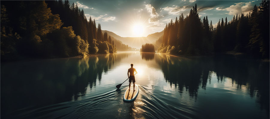 mies järvellä sup laudan kanssa aurinkoisena kesäpäivänä